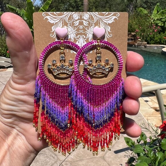 Handmade Beaded Queen Long Fringe Dangle Drop Lightweight Post Hoop Earrings Wow - Picture 3 of 9